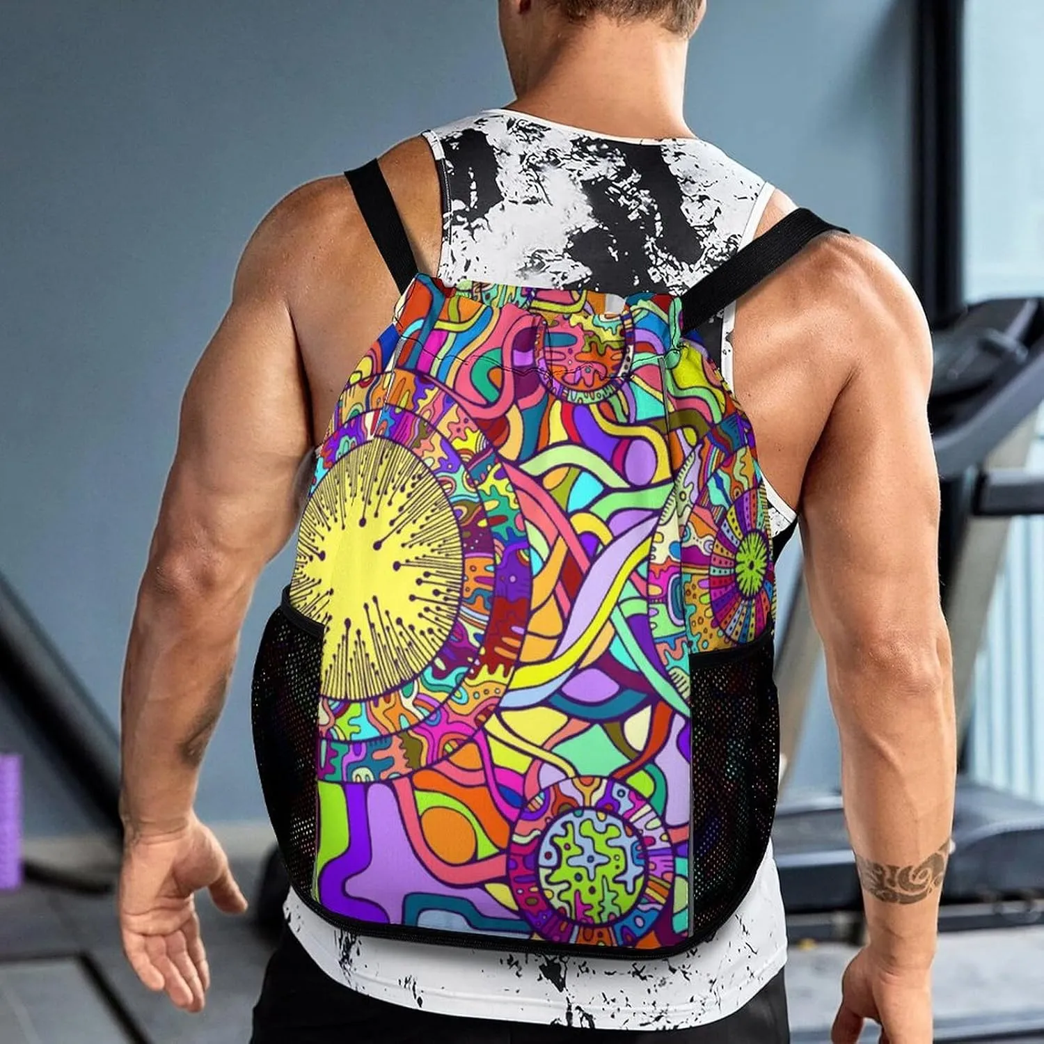 Drawstring Backpack 3D Print Lightweight Cinch Bag Compatible with Decorative Psychedelic Abstract Gym Sack String Bag with Shoes Compartment and Small Zipper Pockets for Men Women