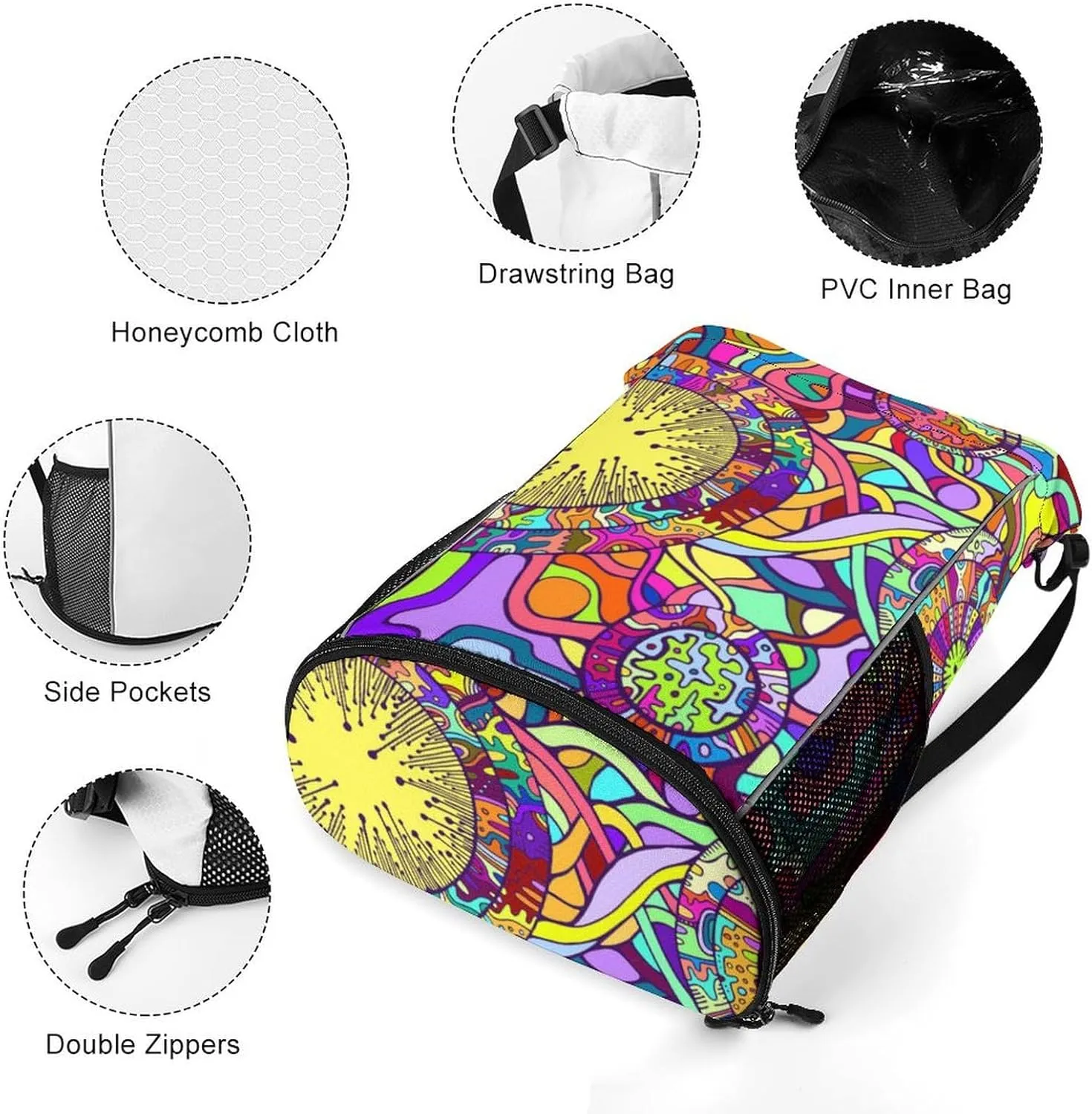 Drawstring Backpack 3D Print Lightweight Cinch Bag Compatible with Decorative Psychedelic Abstract Gym Sack String Bag with Shoes Compartment and Small Zipper Pockets for Men Women