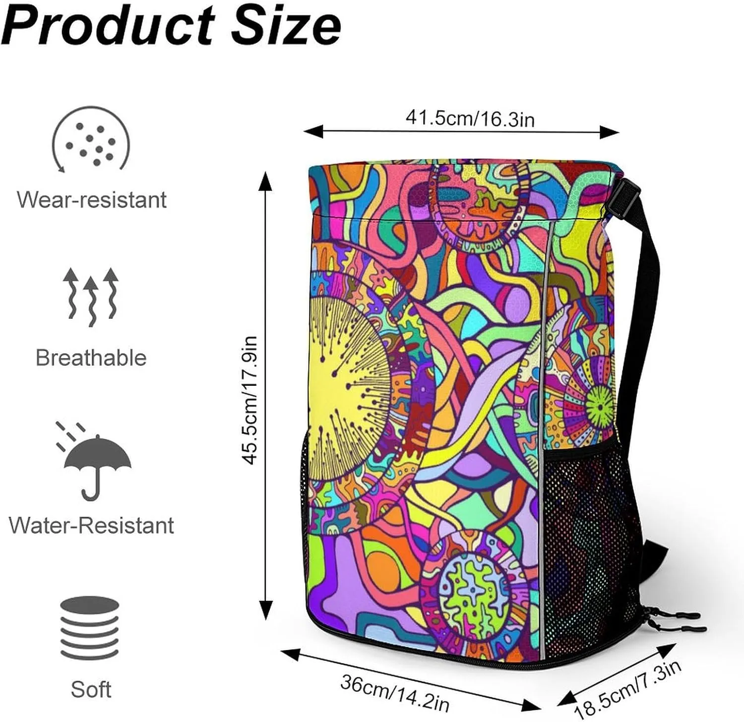 Drawstring Backpack 3D Print Lightweight Cinch Bag Compatible with Decorative Psychedelic Abstract Gym Sack String Bag with Shoes Compartment and Small Zipper Pockets for Men Women