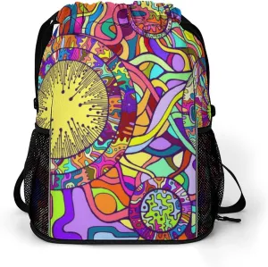 Drawstring Backpack 3D Print Lightweight Cinch Bag Compatible with Decorative Psychedelic Abstract Gym Sack String Bag with Shoes Compartment and Small Zipper Pockets for Men Women