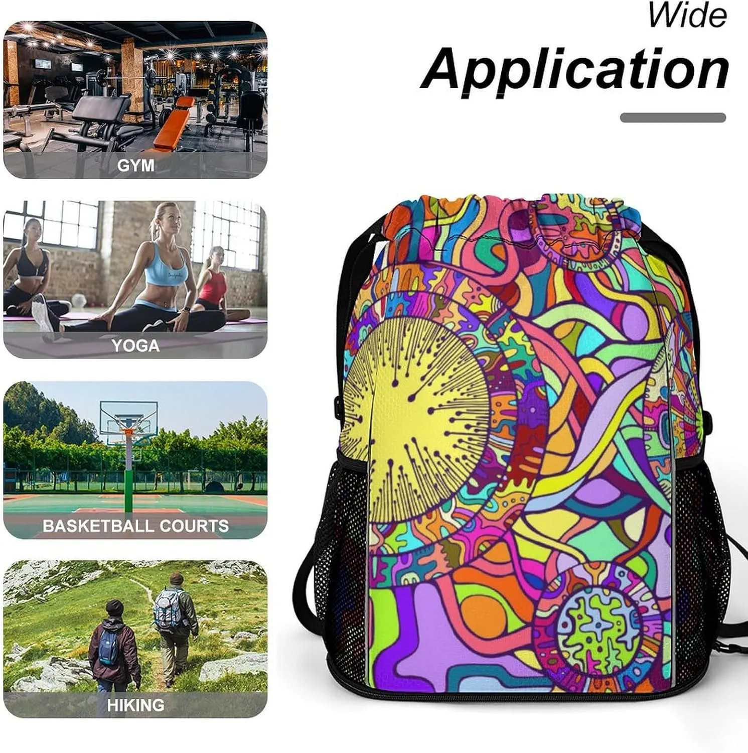 Drawstring Backpack 3D Print Lightweight Cinch Bag Compatible with Decorative Psychedelic Abstract Gym Sack String Bag with Shoes Compartment and Small Zipper Pockets for Men Women