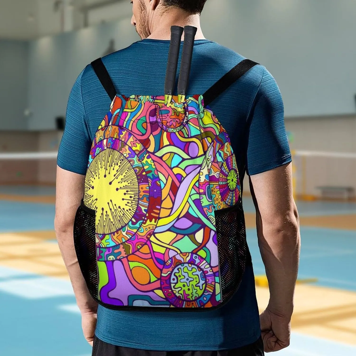 Drawstring Backpack 3D Print Lightweight Cinch Bag Compatible with Decorative Psychedelic Abstract Gym Sack String Bag with Shoes Compartment and Small Zipper Pockets for Men Women