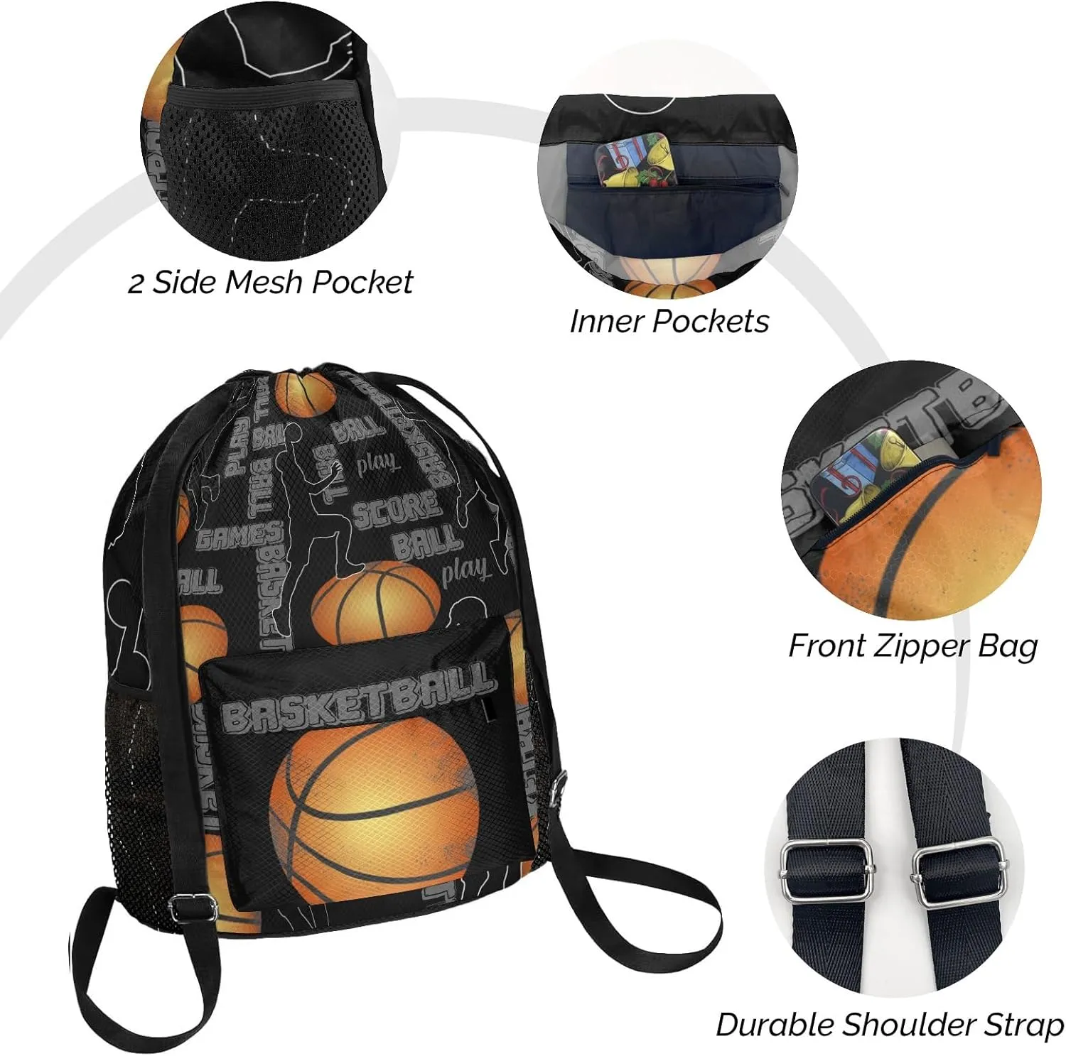 Drawstring Backpack Sports Gym Sackpack with Mesh Pockets Waterproof Sackpack for Women Men(Basketball)