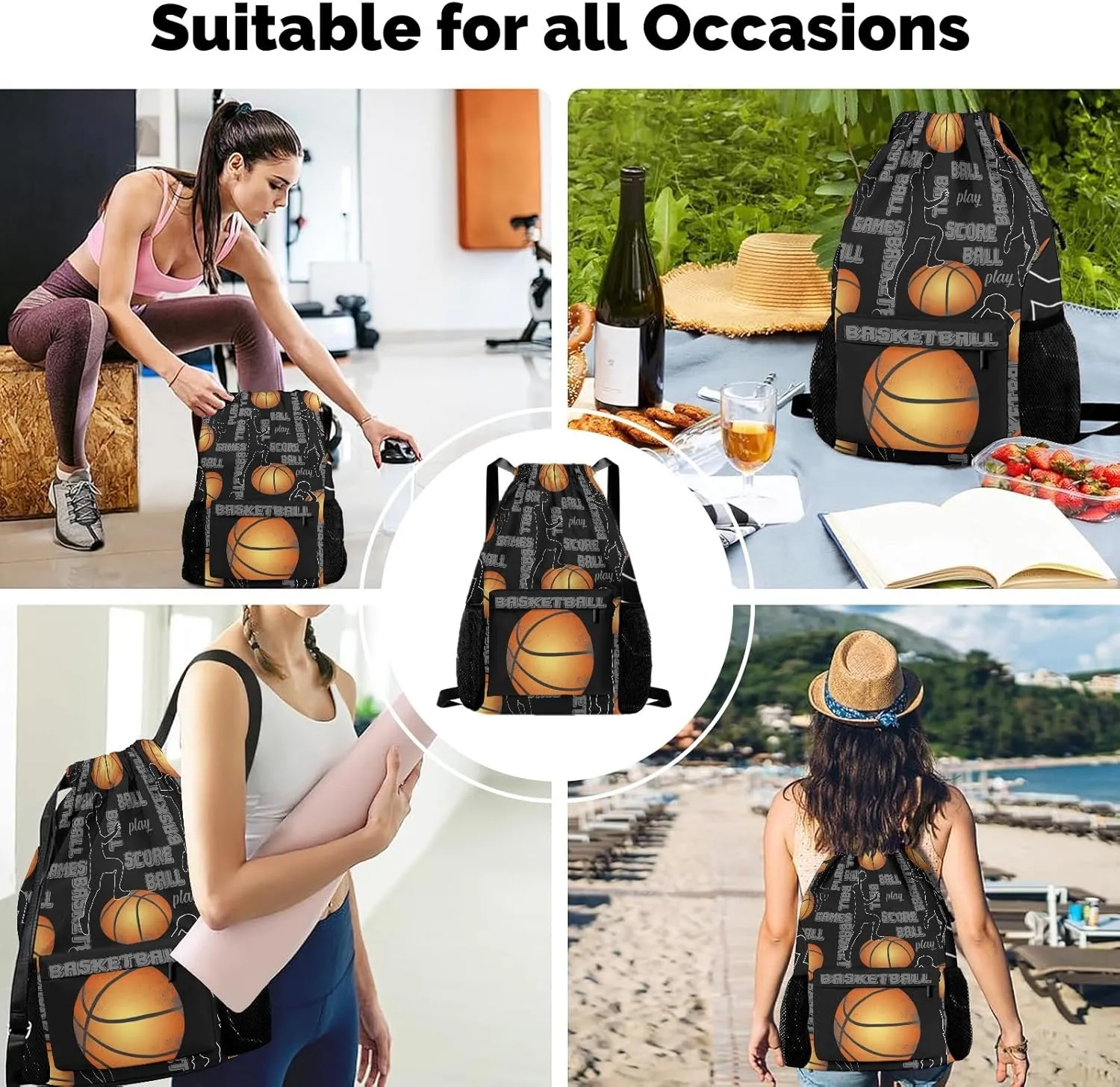 Drawstring Backpack Sports Gym Sackpack with Mesh Pockets Waterproof Sackpack for Women Men(Basketball)