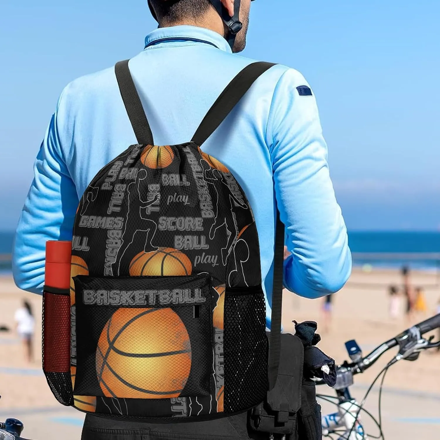 Drawstring Backpack Sports Gym Sackpack with Mesh Pockets Waterproof Sackpack for Women Men(Basketball)