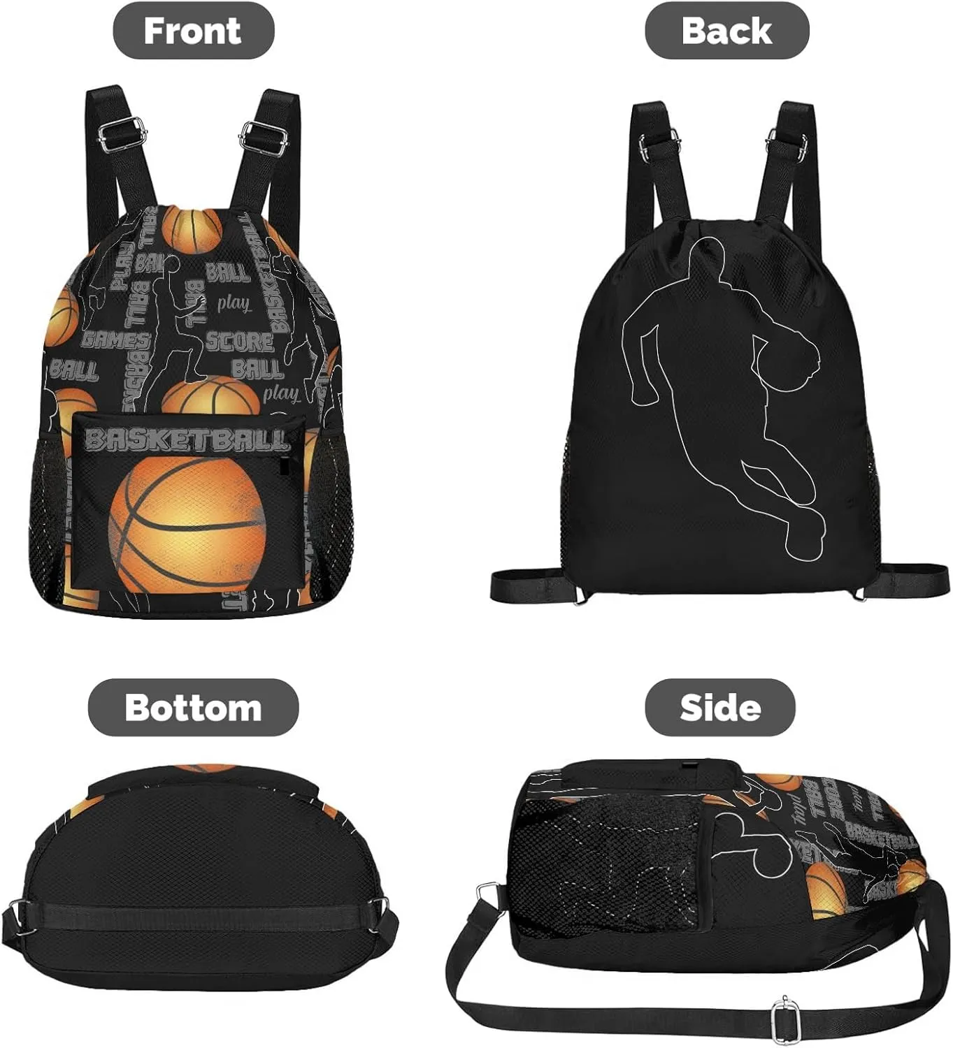 Drawstring Backpack Sports Gym Sackpack with Mesh Pockets Waterproof Sackpack for Women Men(Basketball)