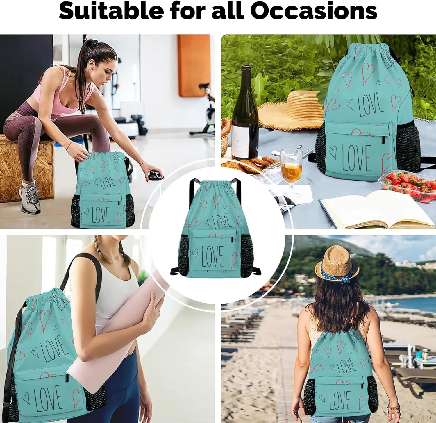 Drawstring Backpack Sports Gym Sackpack with Mesh Pockets Waterproof Sackpack for Women Men(Love)