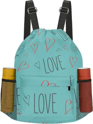 Drawstring Backpack Sports Gym Sackpack with Mesh Pockets Waterproof Sackpack for Women Men(Love)