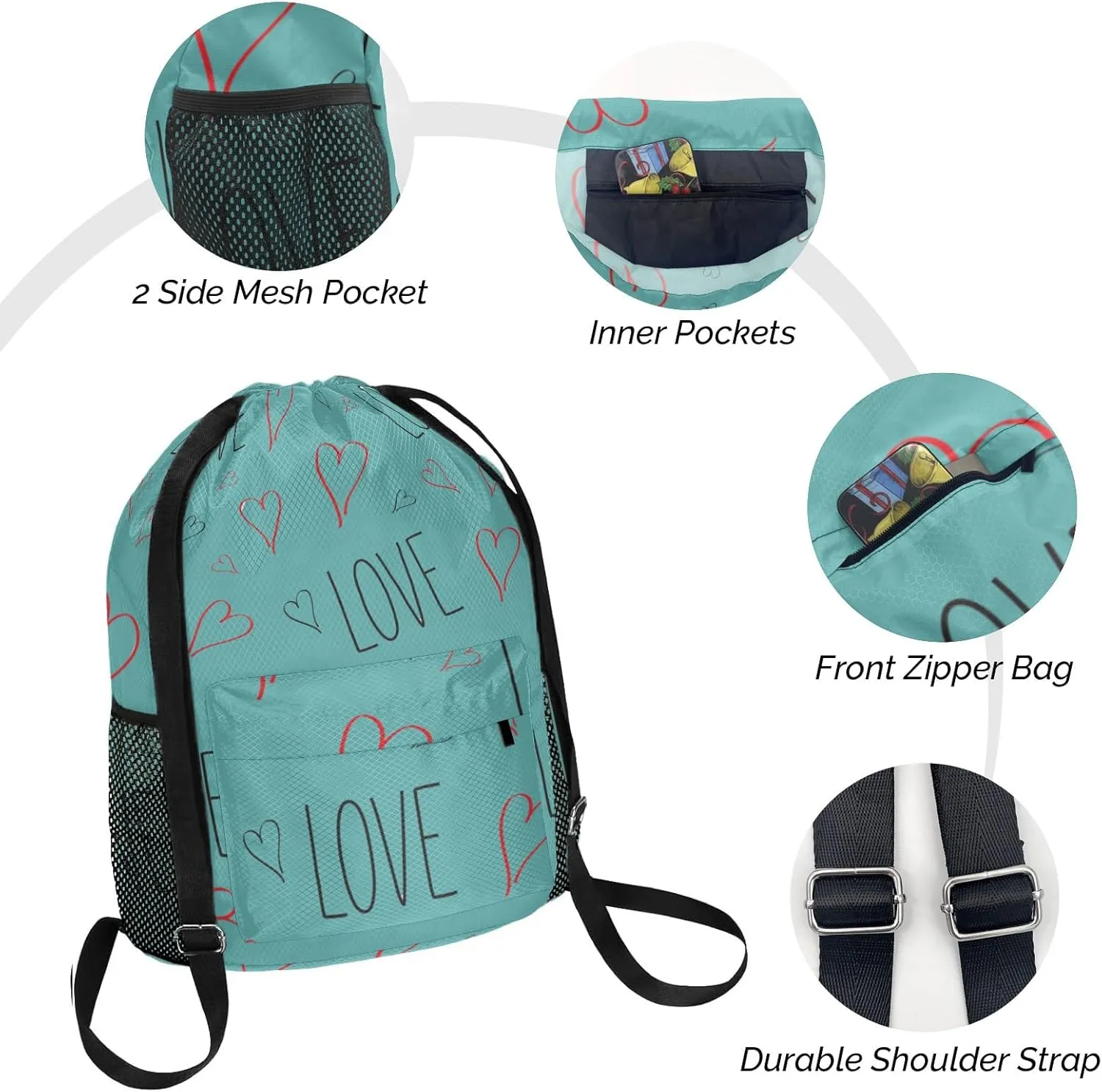 Drawstring Backpack Sports Gym Sackpack with Mesh Pockets Waterproof Sackpack for Women Men(Love)