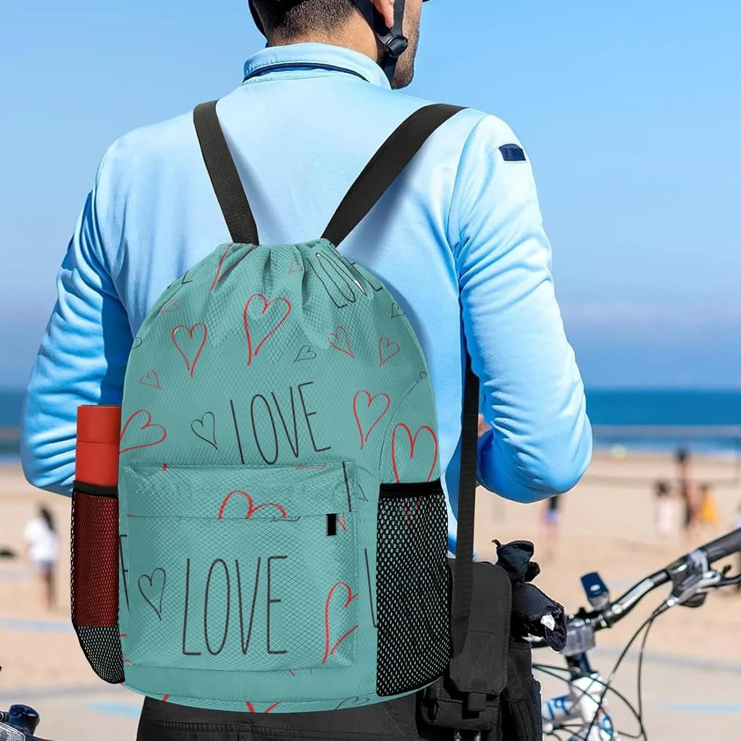 Drawstring Backpack Sports Gym Sackpack with Mesh Pockets Waterproof Sackpack for Women Men(Love)