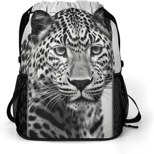 Drawstring Backpack,Black White Leopard Animal Printed Drawstring Bags,String Backpack with Shoes Compartment And Wet Proof Pocket,Small Sports Gym Cinch Bags for Women & Men