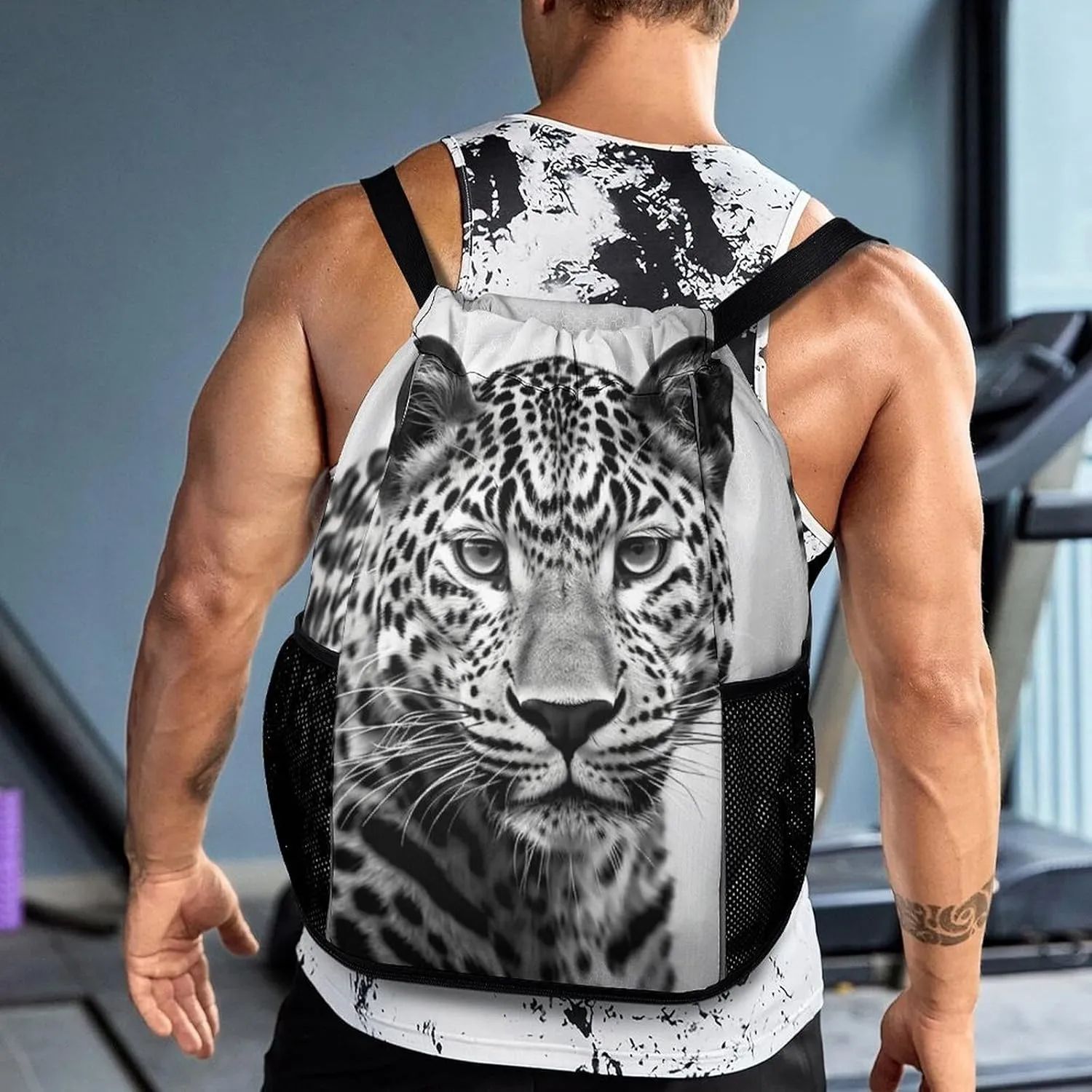 Drawstring Backpack,Black White Leopard Animal Printed Drawstring Bags,String Backpack with Shoes Compartment And Wet Proof Pocket,Small Sports Gym Cinch Bags for Women & Men