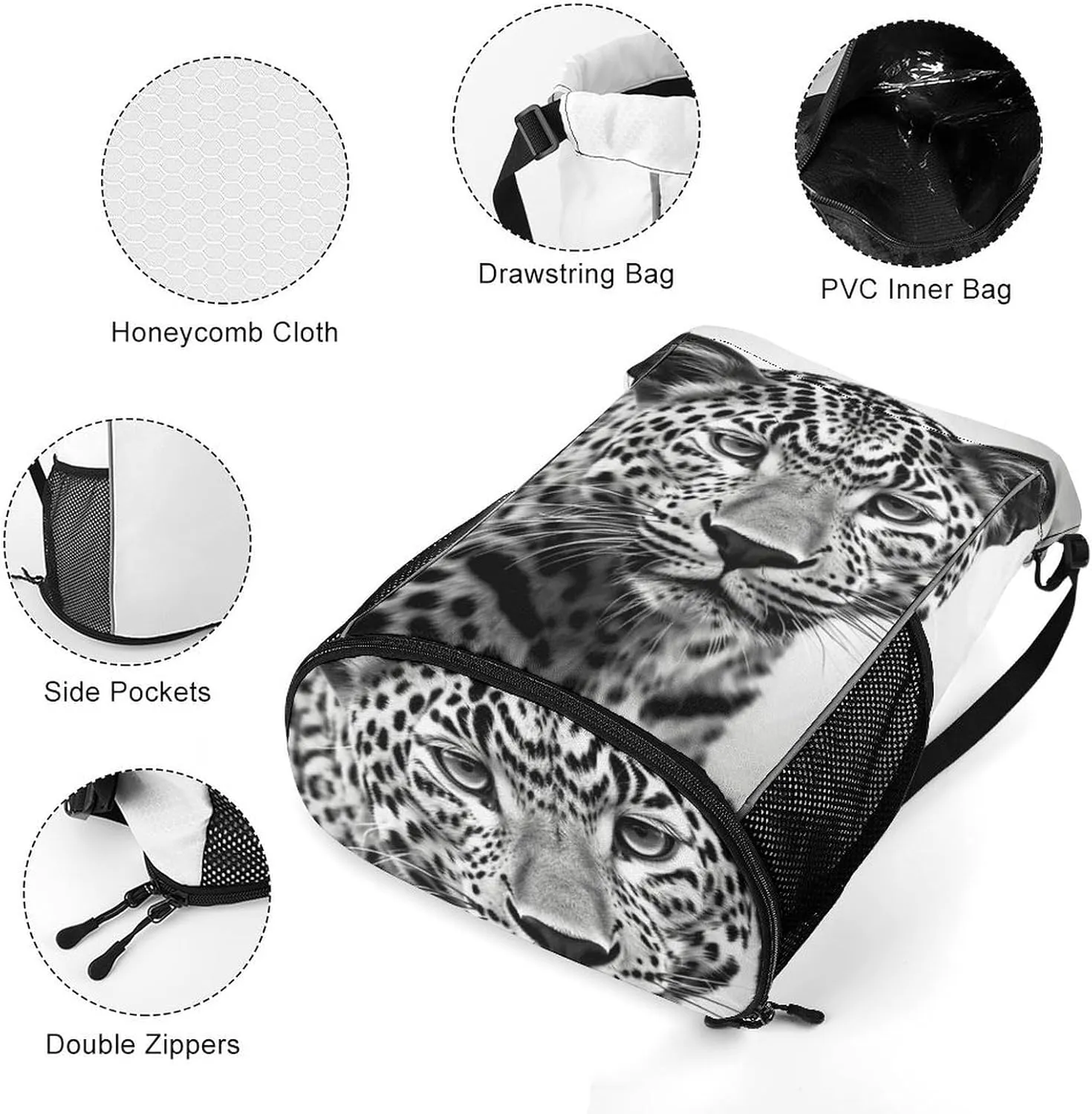 Drawstring Backpack,Black White Leopard Animal Printed Drawstring Bags,String Backpack with Shoes Compartment And Wet Proof Pocket,Small Sports Gym Cinch Bags for Women & Men