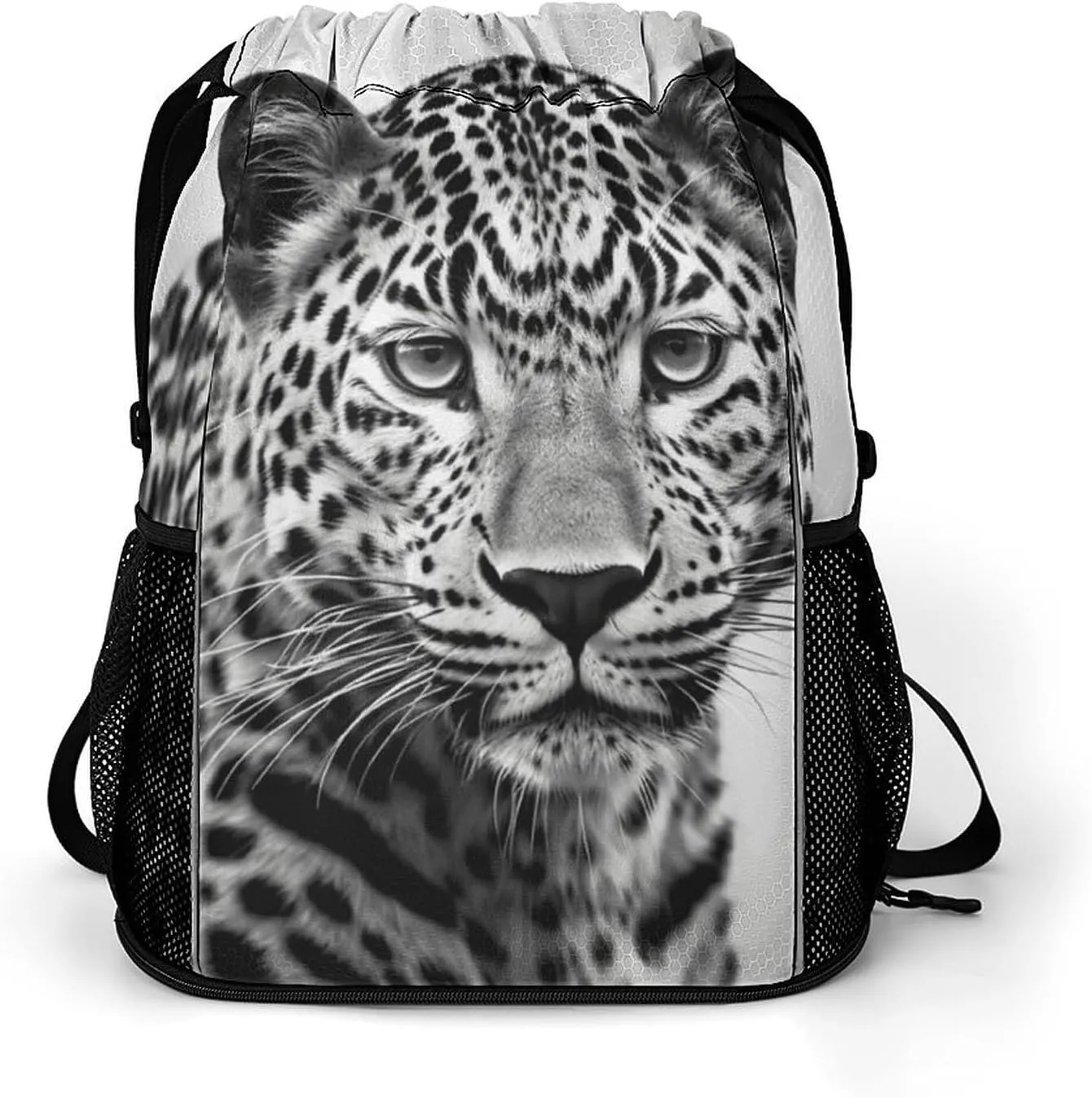 Drawstring Backpack,Black White Leopard Animal Printed Drawstring Bags,String Backpack with Shoes Compartment And Wet Proof Pocket,Small Sports Gym Cinch Bags for Women & Men