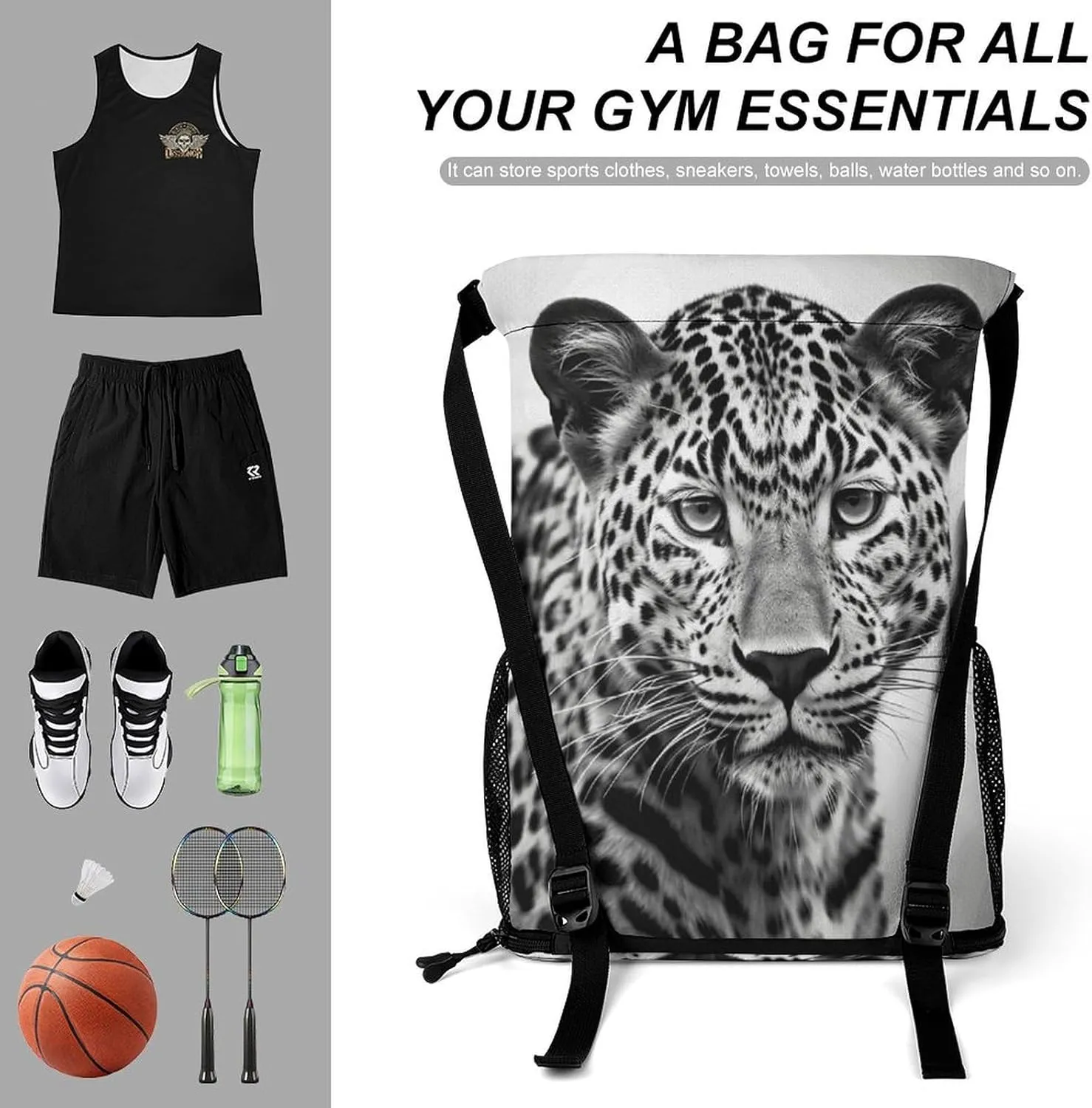 Drawstring Backpack,Black White Leopard Animal Printed Drawstring Bags,String Backpack with Shoes Compartment And Wet Proof Pocket,Small Sports Gym Cinch Bags for Women & Men