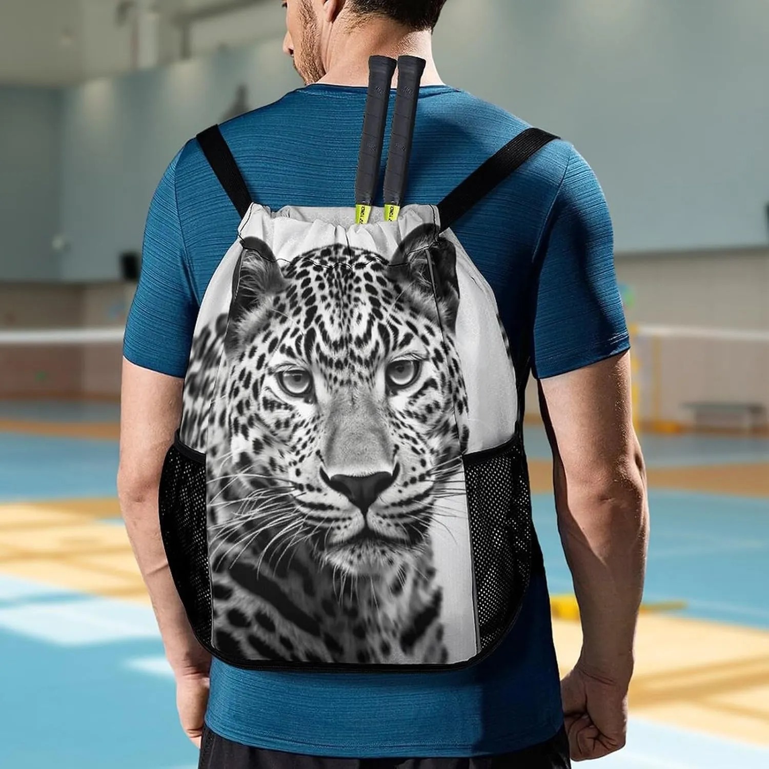 Drawstring Backpack,Black White Leopard Animal Printed Drawstring Bags,String Backpack with Shoes Compartment And Wet Proof Pocket,Small Sports Gym Cinch Bags for Women & Men
