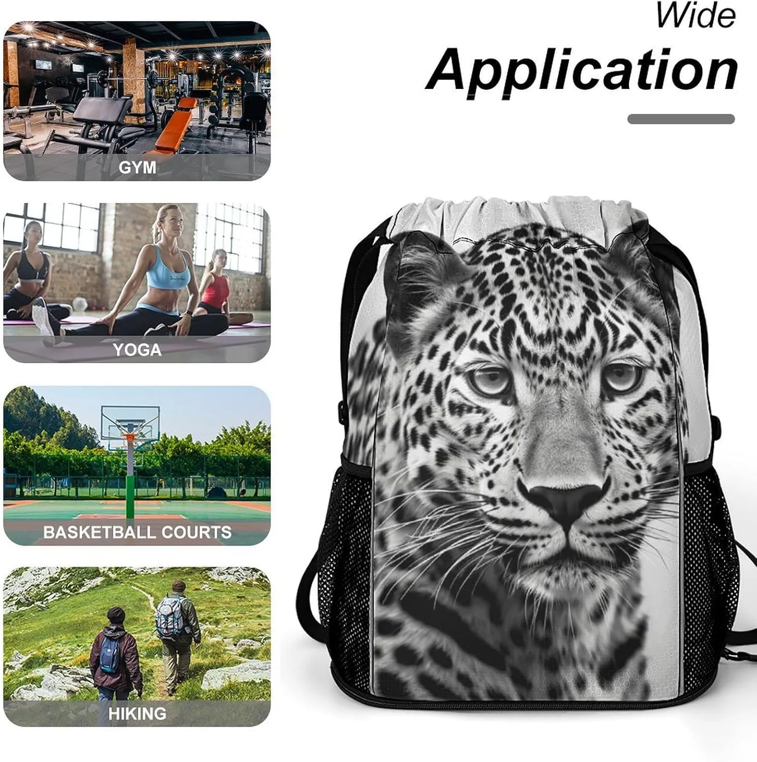 Drawstring Backpack,Black White Leopard Animal Printed Drawstring Bags,String Backpack with Shoes Compartment And Wet Proof Pocket,Small Sports Gym Cinch Bags for Women & Men