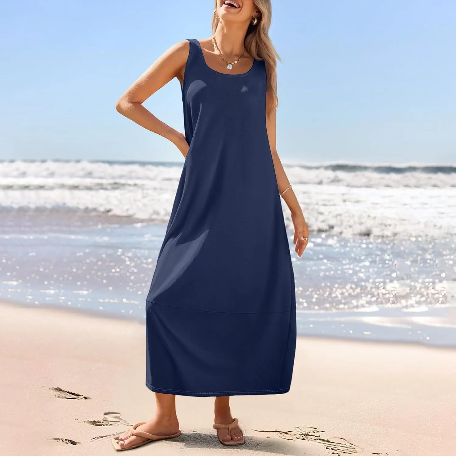 Dresses for Women 2025 Summer Casual Maxi Dress Scoop Neck Sleeveless Sundress Loose Flowy Beach Vacation Tank Dress