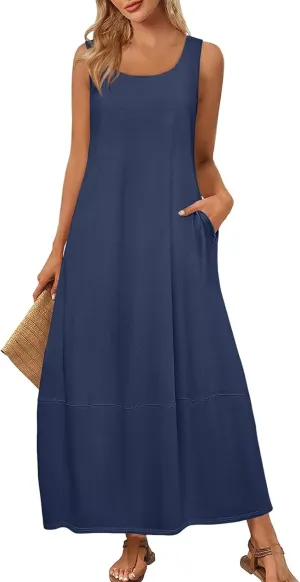 Dresses for Women 2025 Summer Casual Maxi Dress Scoop Neck Sleeveless Sundress Loose Flowy Beach Vacation Tank Dress