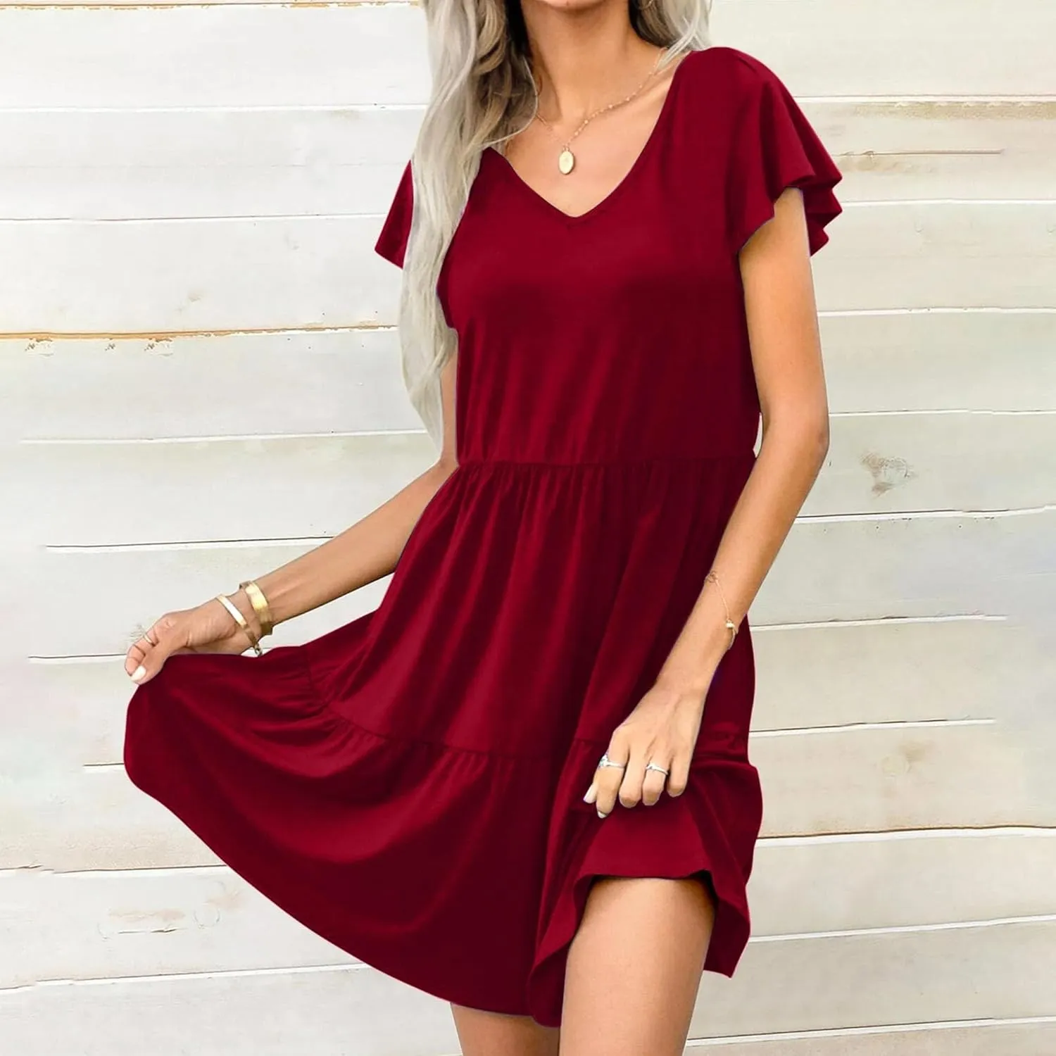 Dresses for Women V Neck Ruffle Short Sleeve Casual Tiered Dress Boho Sundress Swing Mini Dress A Line Dresses