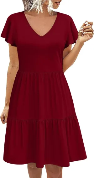 Dresses for Women V Neck Ruffle Short Sleeve Casual Tiered Dress Boho Sundress Swing Mini Dress A Line Dresses