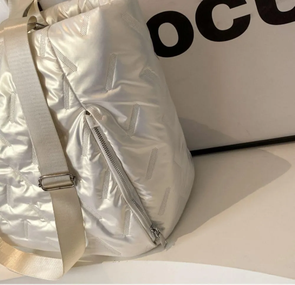 Duvet Gym Bag for Women,Sports Travel Duffel Bag, Weekender Overnight Bag with Wet Pocket and Shoes Compartment for Women, Travel,Workout,Gym, Yoga 039 (Silvery)