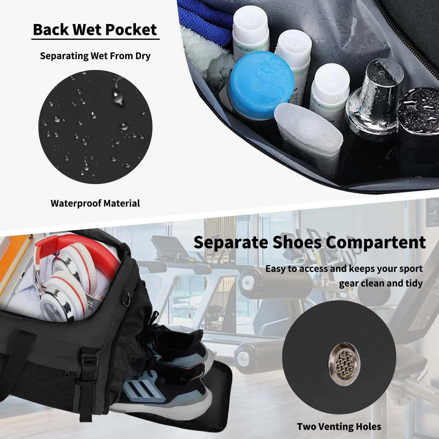 Eackrola Gym Bags for Men with Shoe Compartment Sports Duffel bag with Wet Pocket for women 65L, Black, 65L, Gym