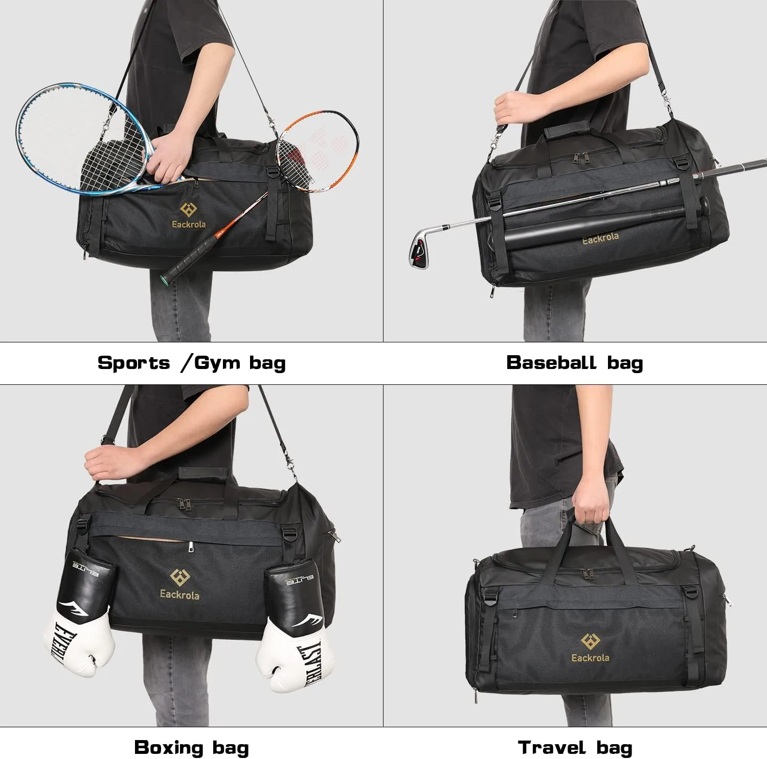 Eackrola Gym Bags for Men with Shoe Compartment Sports Duffel bag with Wet Pocket for women 65L, Black, 65L, Gym