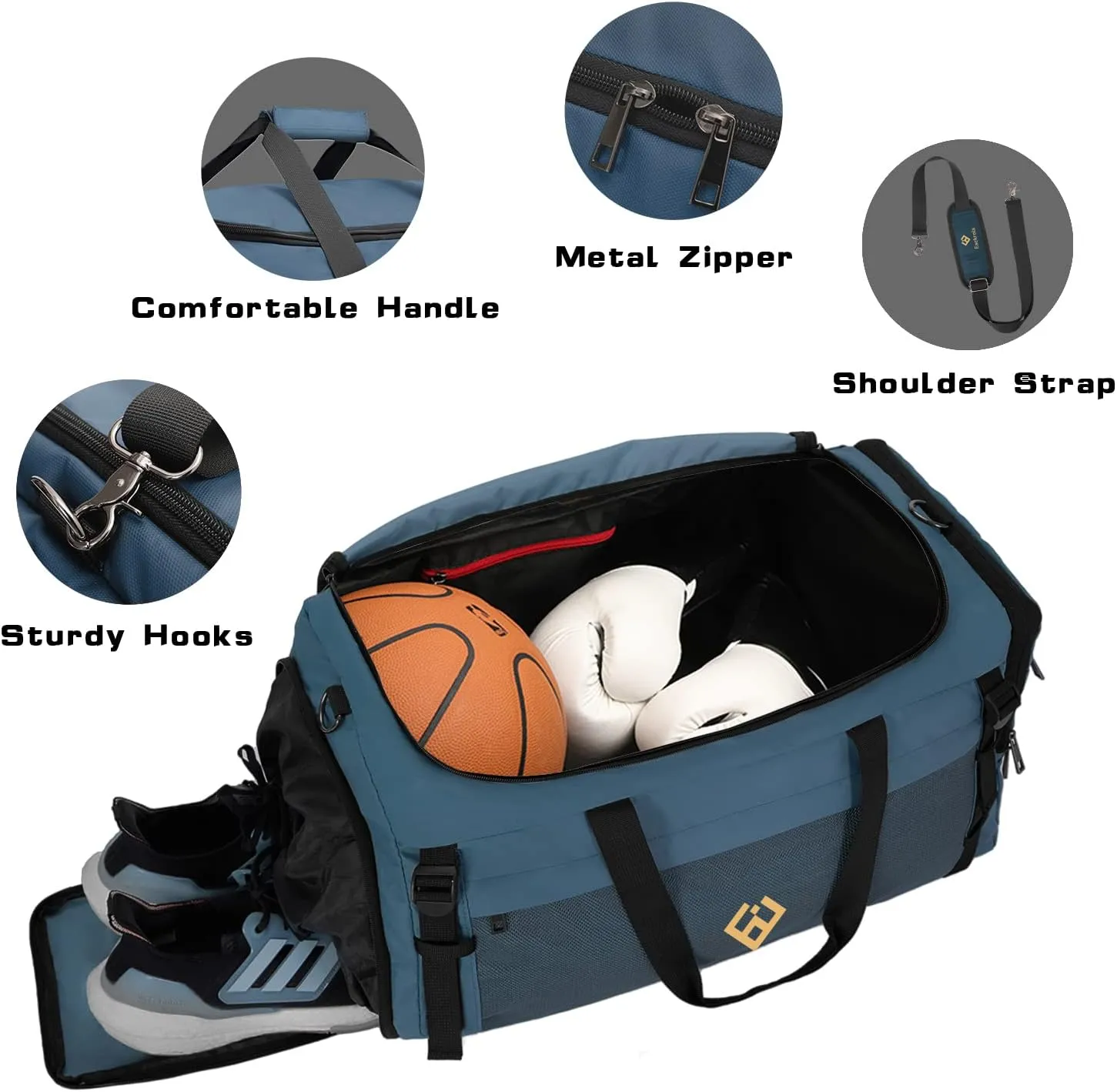 Eackrola Gym Bags for Men with Shoe Compartment Sports Duffel bag with Wet Pocket for women 65L, Haze Blue, 65L, Gym