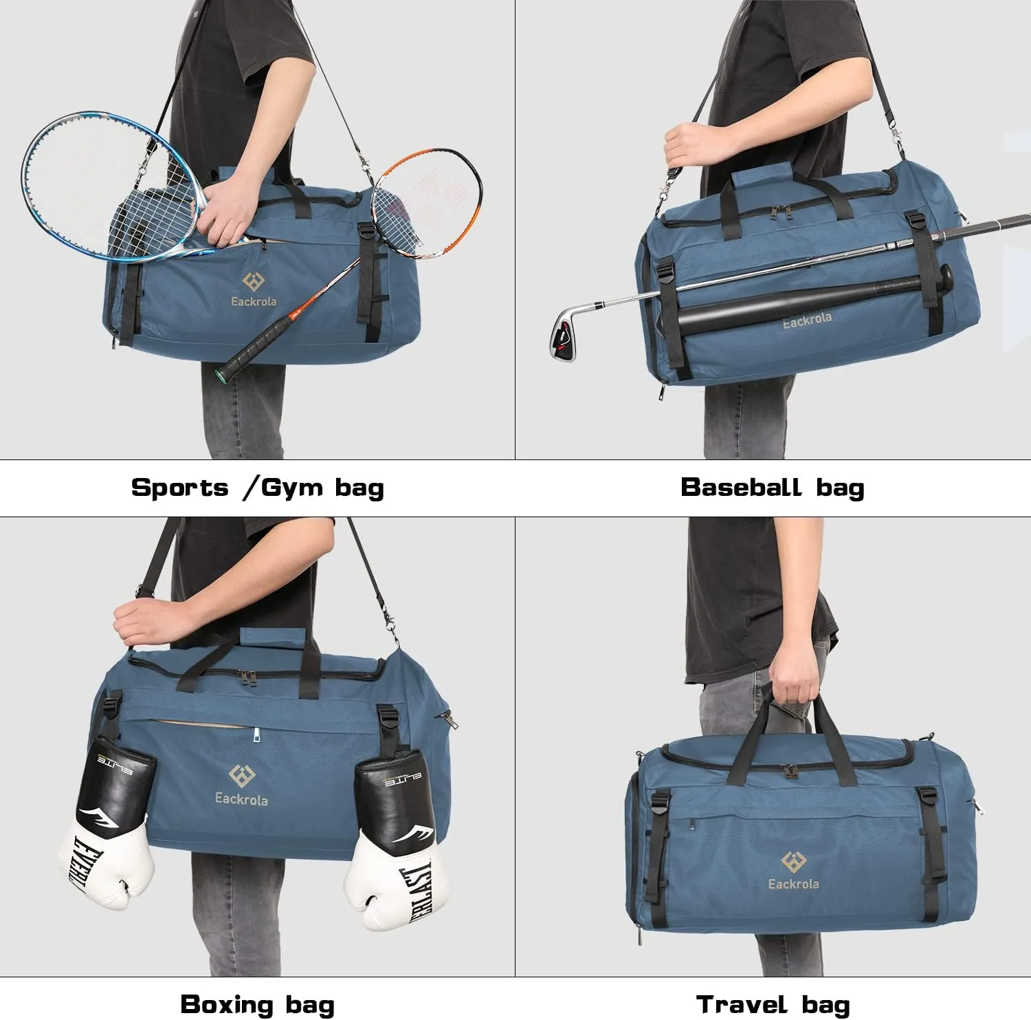 Eackrola Gym Bags for Men with Shoe Compartment Sports Duffel bag with Wet Pocket for women 65L, Haze Blue, 65L, Gym