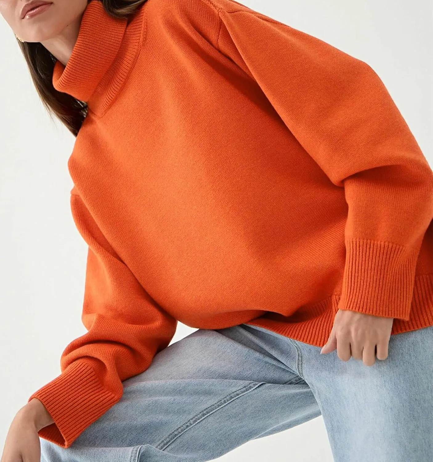 ebossy Women's Turtleneck Long Sleeve Sweaters Drop Shoulder Plain Casual Oversized Rib Knit Pullover