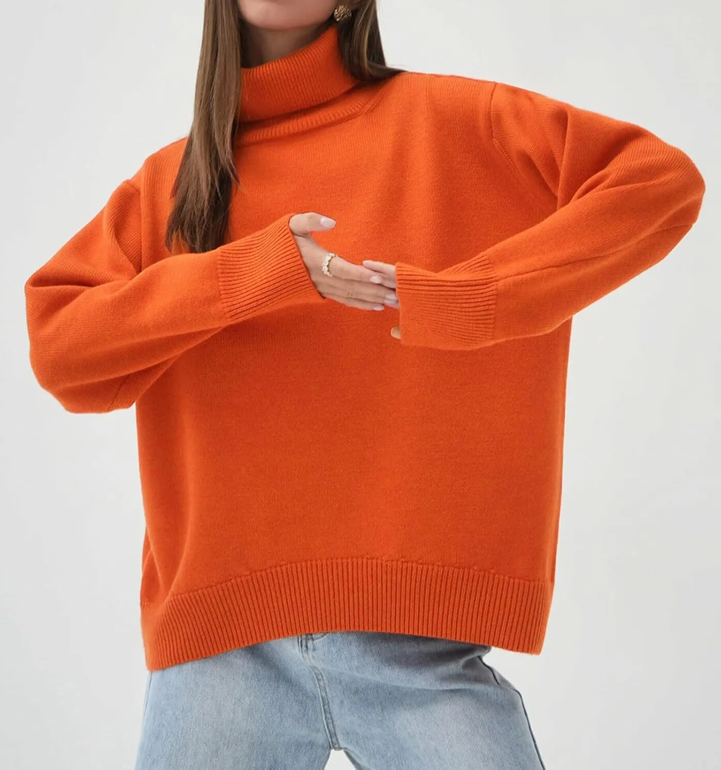 ebossy Women's Turtleneck Long Sleeve Sweaters Drop Shoulder Plain Casual Oversized Rib Knit Pullover