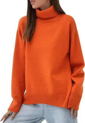 ebossy Women's Turtleneck Long Sleeve Sweaters Drop Shoulder Plain Casual Oversized Rib Knit Pullover