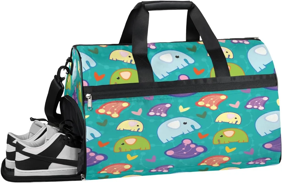 Elephant And Love Heart Resistant Sports Gym Bag for Women Men Travel Duffel bag with Wet Pocket & Shoes Compartment Waterproof Weekender Bag 19.7"x9.9"x13"