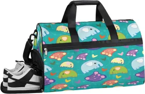 Elephant And Love Heart Resistant Sports Gym Bag for Women Men Travel Duffel bag with Wet Pocket & Shoes Compartment Waterproof Weekender Bag 19.7"x9.9"x13"