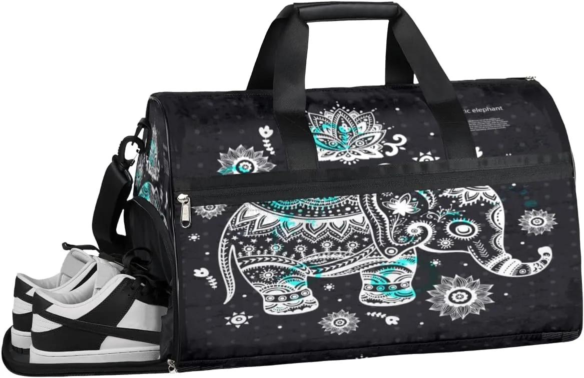 Elephant Mandala Sports Gym Bag with Wet Pocket & Shoes Compartment Waterproof Workout Duffel Bag for Women and Men Weekender Overnight Duffle Bag Travel Carry-on Tote