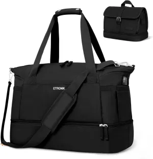 ETRONIK Travel Bag with Double Layer Travel Makeup Bag, Gym Duffel Bag with USB Charging Port, Weekender Overnight Bag with Wet Pocket and Shoes Compartment for Women (Black)