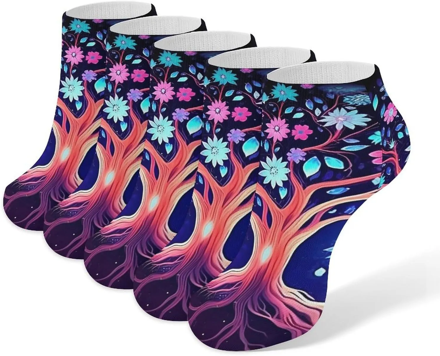 Fantastic Flowers Tree 5 Pairs Low Cut Ankle Socks for Men Women Athletic Running Socks No Show Breathable