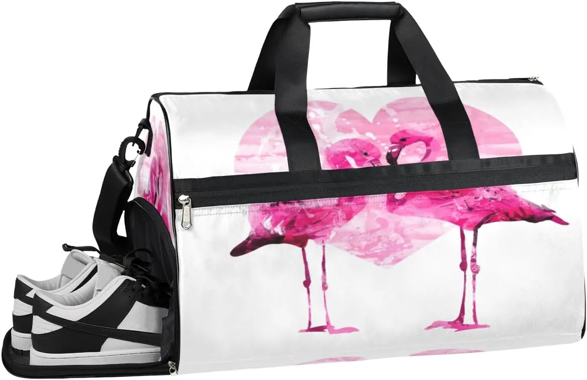 Flamingo Love Heart Sports Gym Bag with Wet Pocket & Shoes Compartment Waterproof Workout Duffel Bag for Women and Men Weekender Overnight Duffle Bag Travel Carry-on Tote