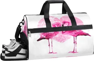 Flamingo Love Heart Sports Gym Bag with Wet Pocket & Shoes Compartment Waterproof Workout Duffel Bag for Women and Men Weekender Overnight Duffle Bag Travel Carry-on Tote