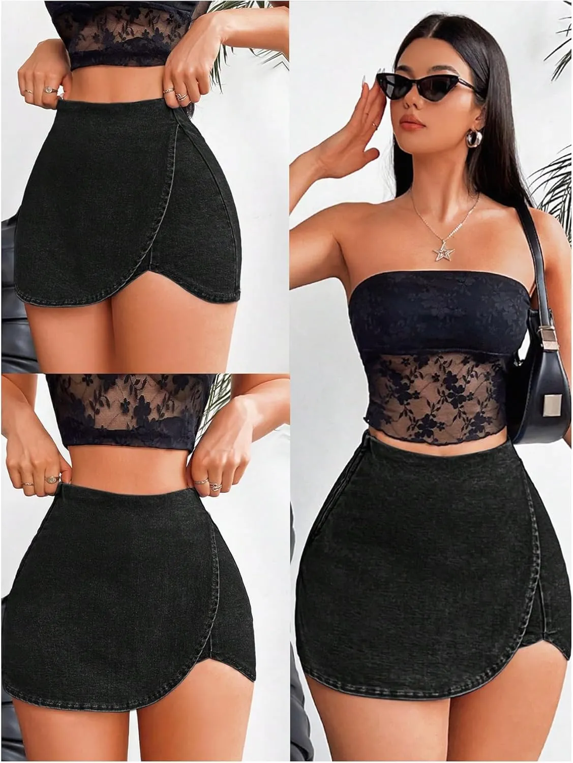 Floerns Women's High Waist Wrap Jean Mini Skorts Skinny Asymmetrical Denim Skirt Shorts