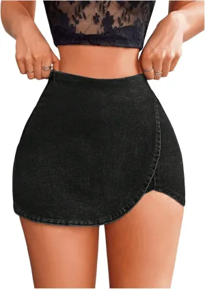 Floerns Women's High Waist Wrap Jean Mini Skorts Skinny Asymmetrical Denim Skirt Shorts