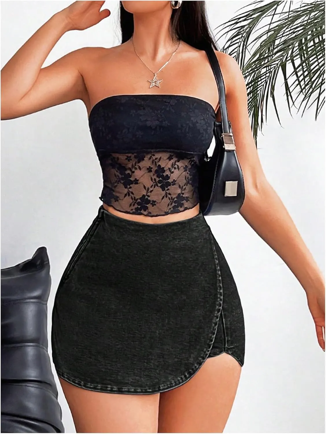 Floerns Women's High Waist Wrap Jean Mini Skorts Skinny Asymmetrical Denim Skirt Shorts