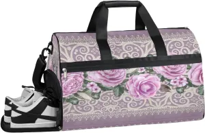 Floral Flower Rose Theme Resistant Sports Gym Bag for Women Men Travel Duffel bag with Wet Pocket & Shoes Compartment Waterproof Weekender Bag 19.7"x9.9"x13"