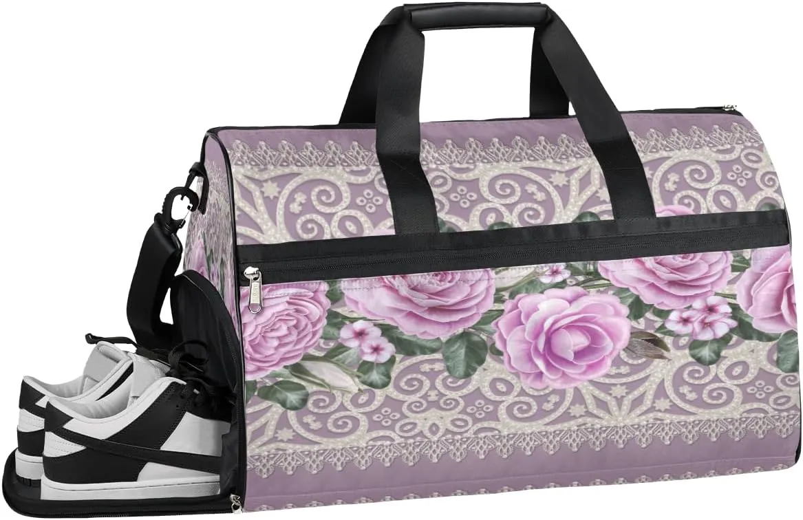 Floral Flower Rose Theme Resistant Sports Gym Bag for Women Men Travel Duffel bag with Wet Pocket & Shoes Compartment Waterproof Weekender Bag 19.7"x9.9"x13"
