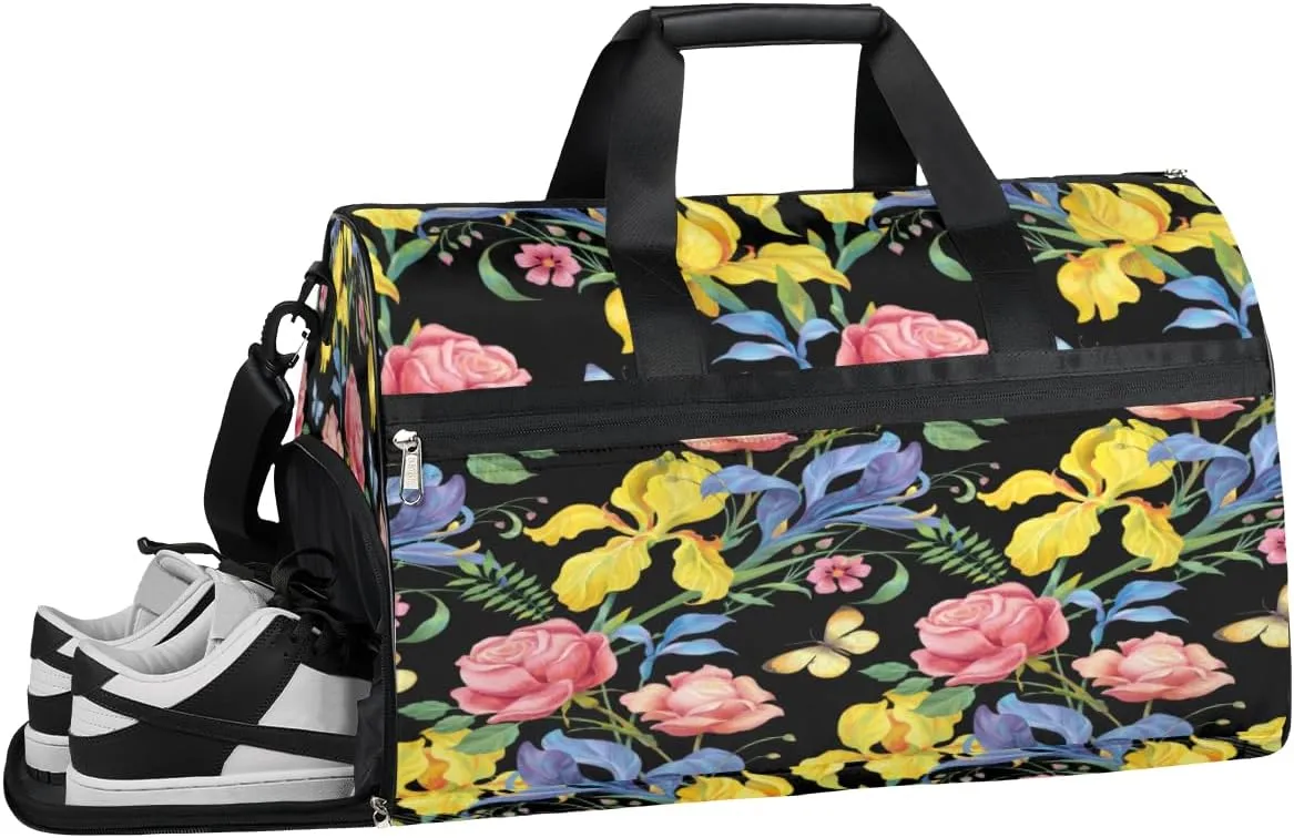 Floral Flower Sports Gym Bag with Wet Pocket & Shoes Compartment Waterproof Workout Duffel Bag for Women and Men Weekender Overnight Duffle Bag Travel Carry-on Tote