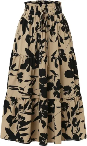 Floral Maxi Skirt for Women Summer Comfy Tiered Elastic High Waisted Skirts Vacation A-Line Flowy Swing Long Skirts