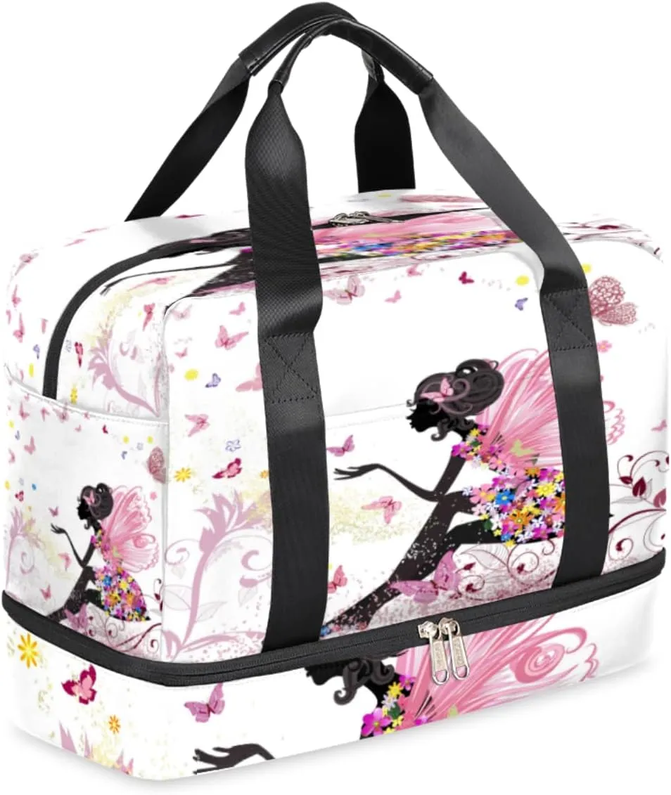 Flower Girl Butterfly Sports Gym Bag with Shoes Compartment,Animal Foldable Travel Duffel Bag Luggage for Men Women Teens Weekender Overnight Bag Yoga Tote Bag