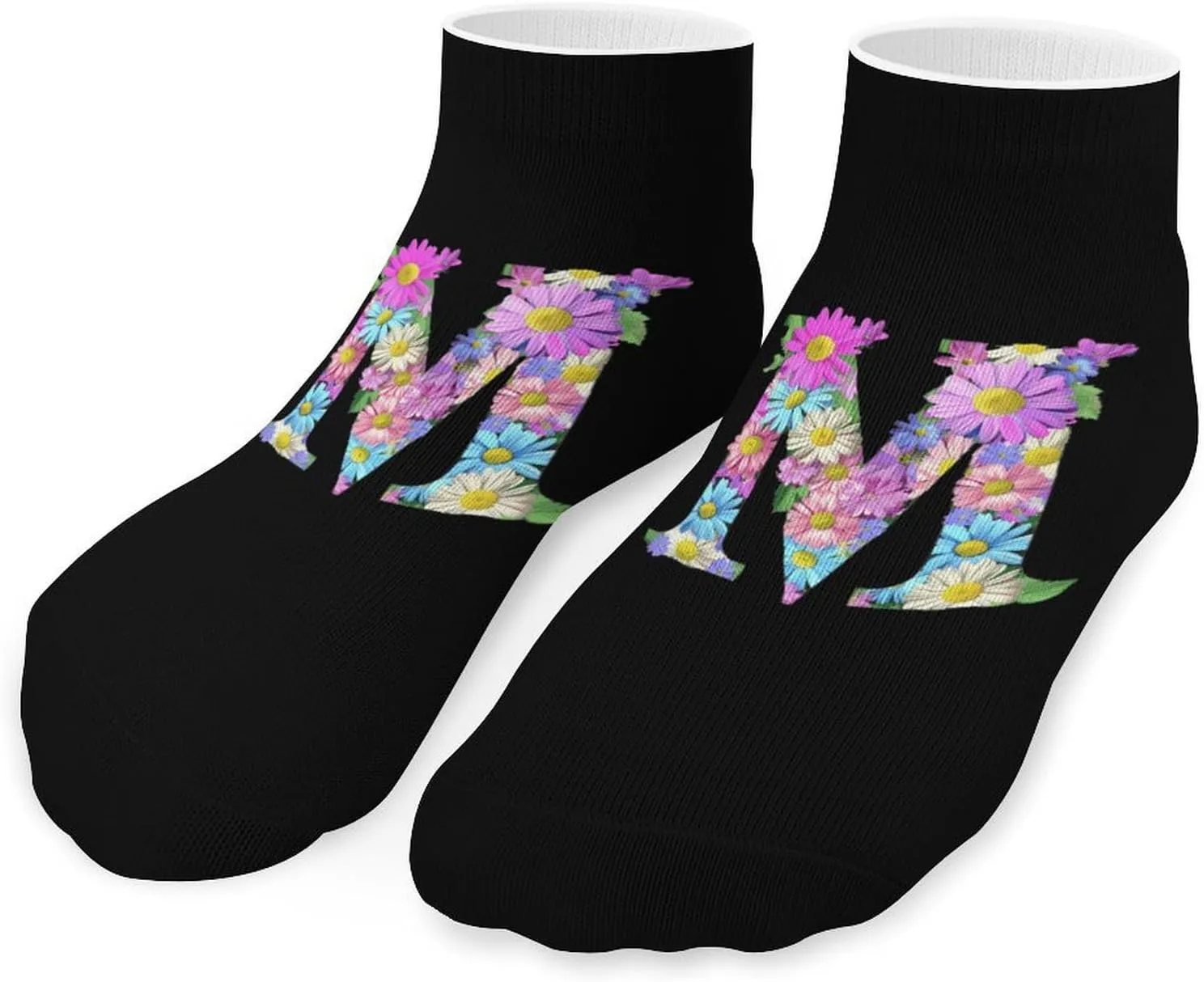 Flower Letter M Cute Ankle Socks 1 Pairs Low Cut No Show Sock Breathable Stocking for Men Women