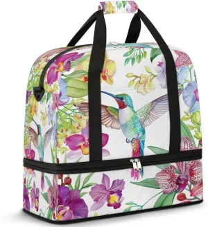 Flowers Hummingbird Travel Duffel Bag for Women Men, Bird Floral Sports Gym Bag with Shoes Compartment Foldable Overnight Bag Weekender Tote Workout Carry On Luggage Bag